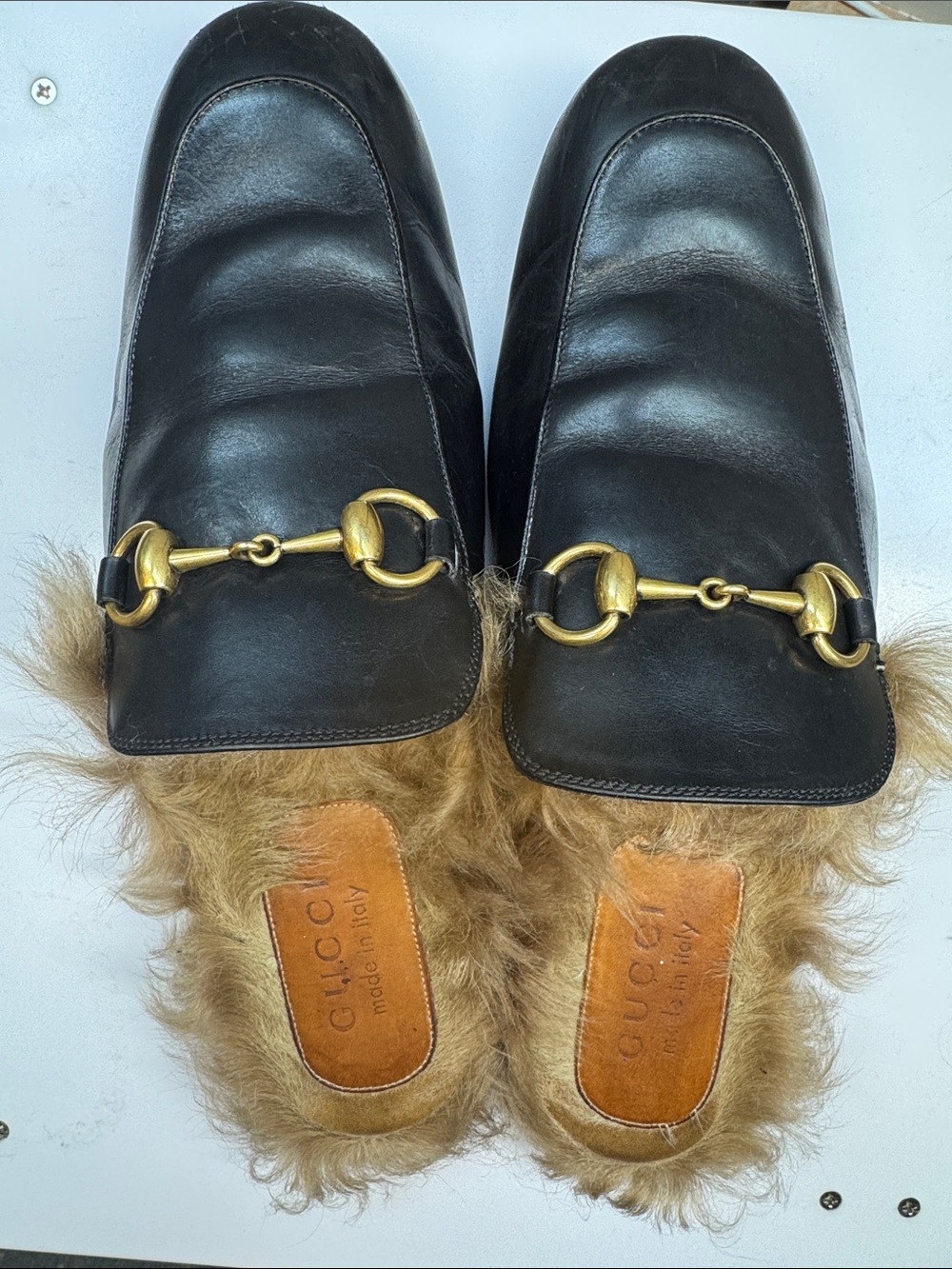Gucci Black Leather Fur-Lined Horsebit Mules